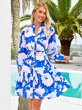 MASCOMODA Fall Dresses for Women 2024 Elegant Long Sleeve Button Short Floral Dress Chiffon A-Lin... | Amazon (US)