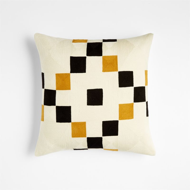 Shinola Woodward 18"x18" Square Check Embroidered Decorative Throw Pillow Cover with Down-Alterna... | Crate & Barrel