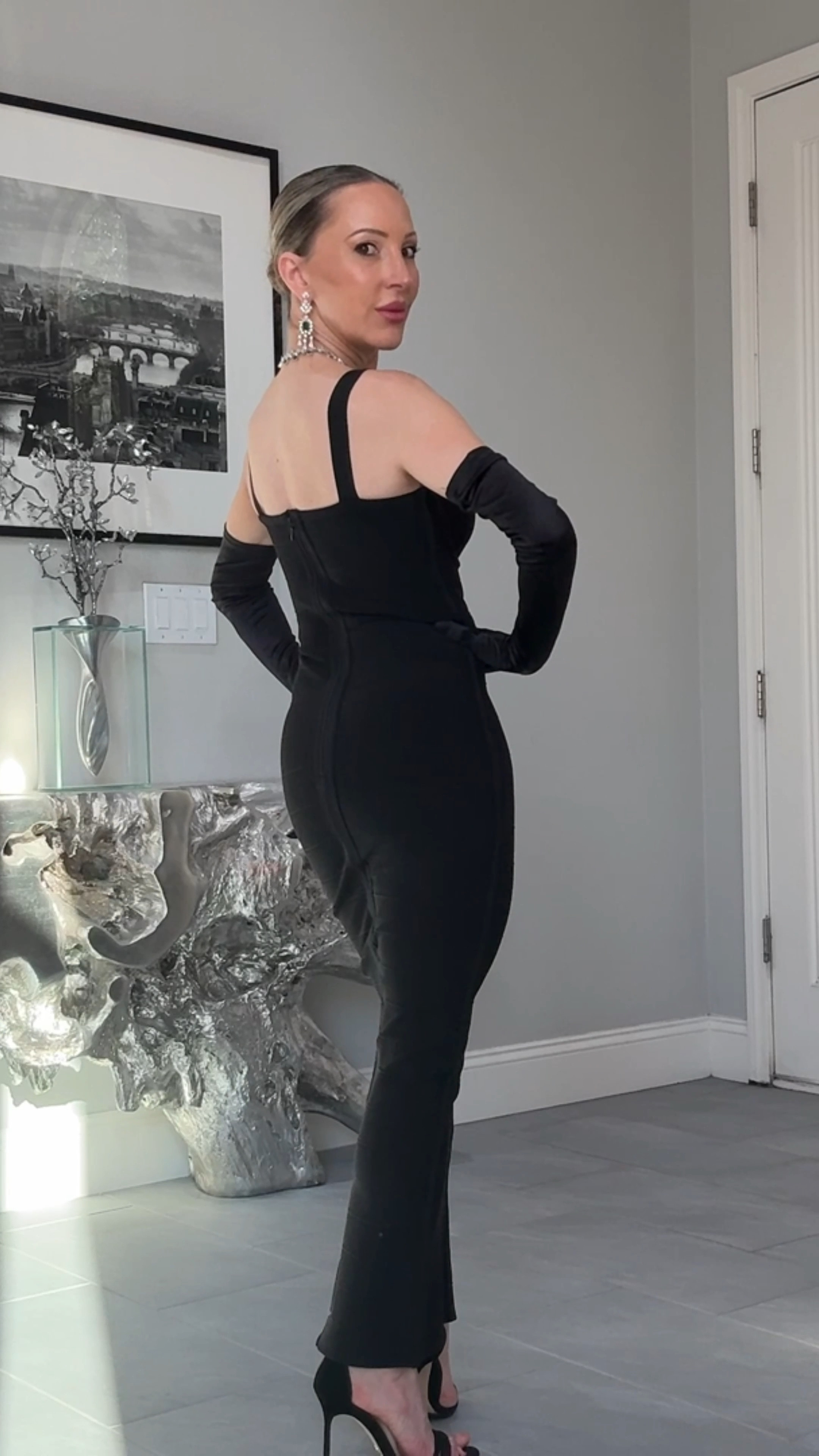 Holiday party dress, Christmas party dress, black tie dress, gala dress, black bandage dress(styled with black suedes strappy heel sandals and black satin evening gloves). 

#LTKHoliday #LTKParties #LTKWatchNow