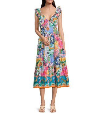 J.Marie Sloane Printed V-Neck Ruffle Sleeve A-Line Maxi Dress | Dillard's | Dillard's