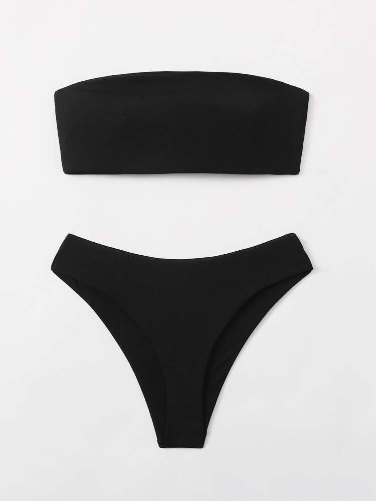 Rib Lace-up Back Bandeau Bikini Swimsuit | SHEIN