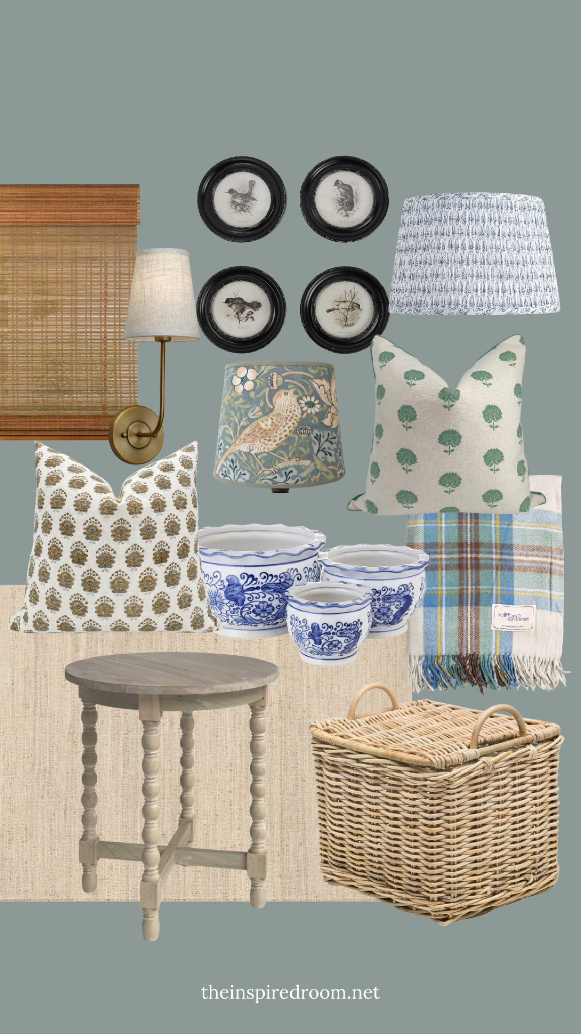 Some of my living room sources -  blue and white, block print, pillows, tartan throw, jute cotton rug, wood spindle leg accent table, basket, blue and white planter pots, bamboo shade, wood frame round art, brass sconce and patterned shade  

#LTKSeasonal #LTKHome #LTKStyleTip