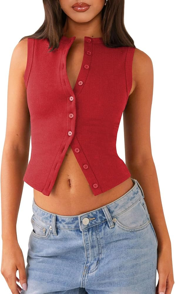 Womens Button Down Tank Top Sleeveless Ribbed Fitted Vest Casual Crewneck Trendy Y2K Going Out Cr... | Amazon (US)