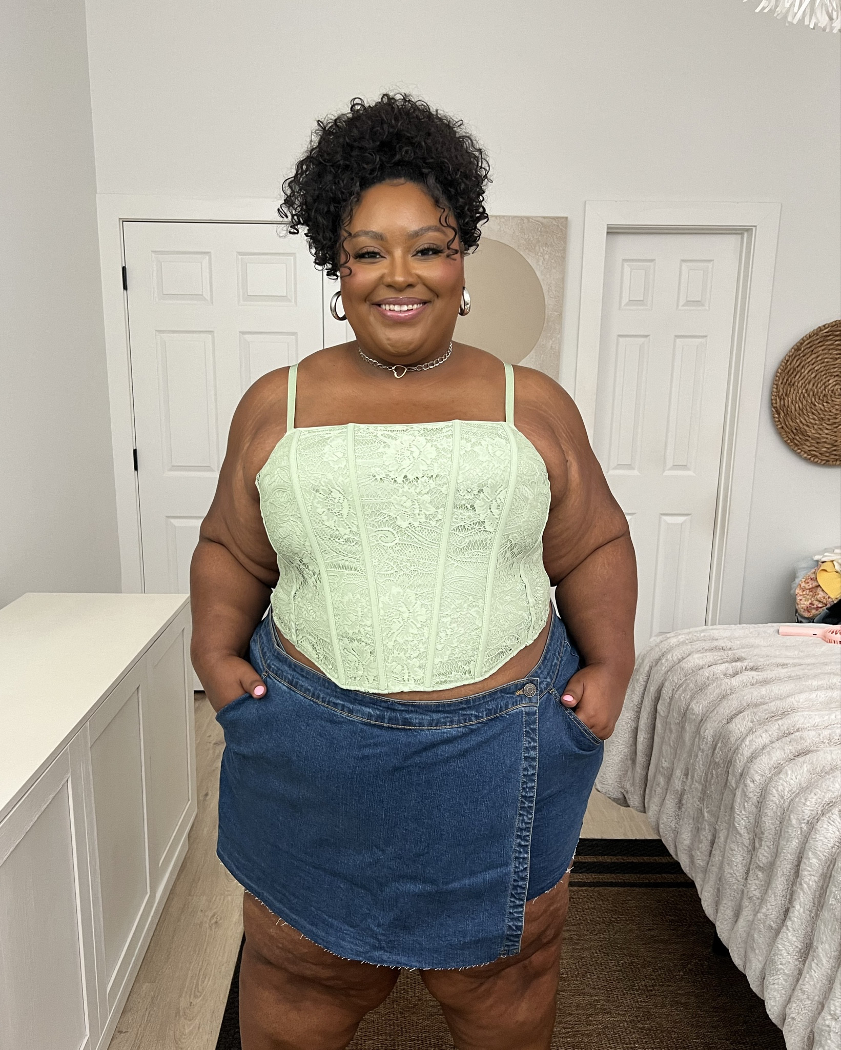 Cute casual and comfy are the perfect words to describe this pretty daytime look. 

This denim skort is a wardrobe staple, and this lace corset can be dressed up or down!

Available in sizes 10-30 Plua size and mid size babes get into it!🤍

#LTKPlusSize #LTKStyleTip #LTKMidsize