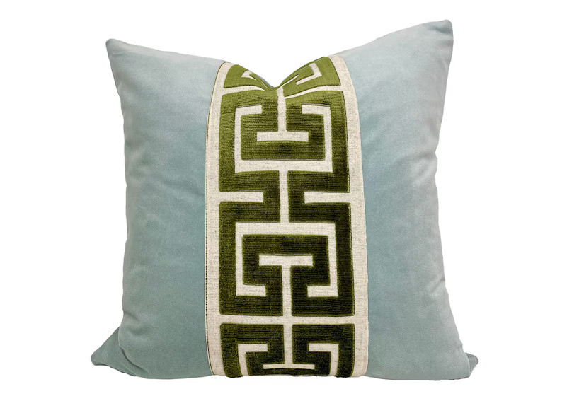 Aqua Mist Velvet Pillow Cover with Large Green Greek Key Trim - shown in green | Etsy (US)