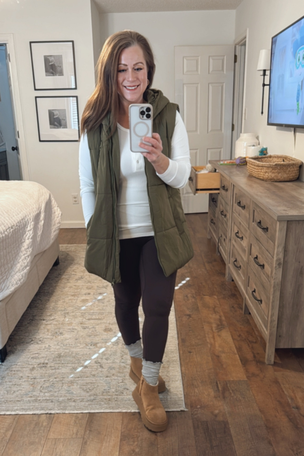 Comfy outfit 
Cozy winter outfit 

Hooded puffer vest
Leggings 
Suede platform booties
Henley top

#LTKShoeCrush #LTKSeasonal #LTKOver40