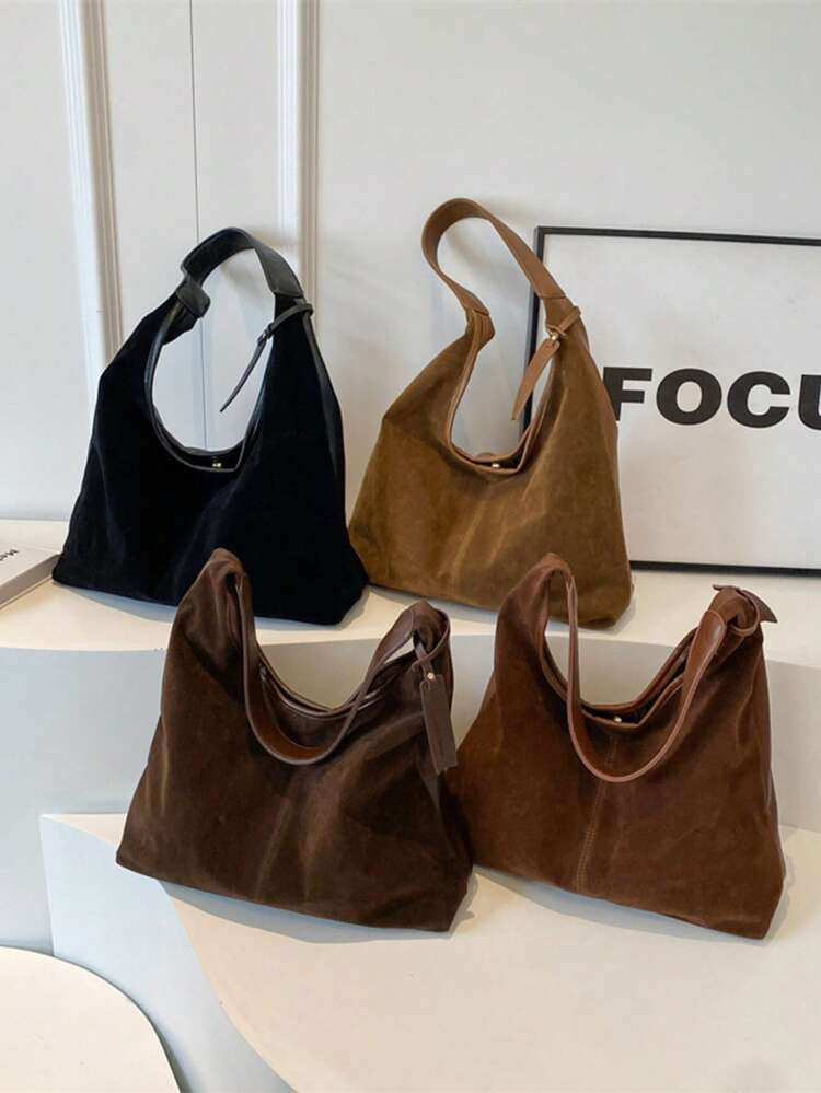 -28%Vintage Suede Large Capacity Casual Shoulder Tote Bag, Letter Embossed Leather Patch Decor, Patchwork Color Block Handbag, Elegant Versatile Commuter Tote Bag For Women, Autumn | SHEIN