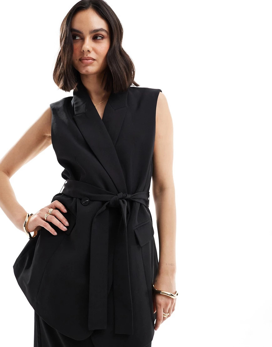 ASOS DESIGN sleeveless tie blazer in black | ASOS (Global)