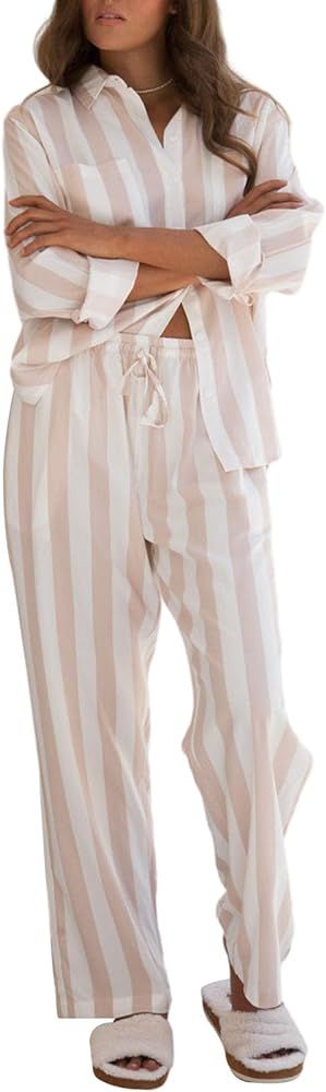 Geogenry Women's Pajama Sets Button Down Soft Long Sleeve Striped Print Sleepwear Pjs Two Piece L... | Amazon (US)