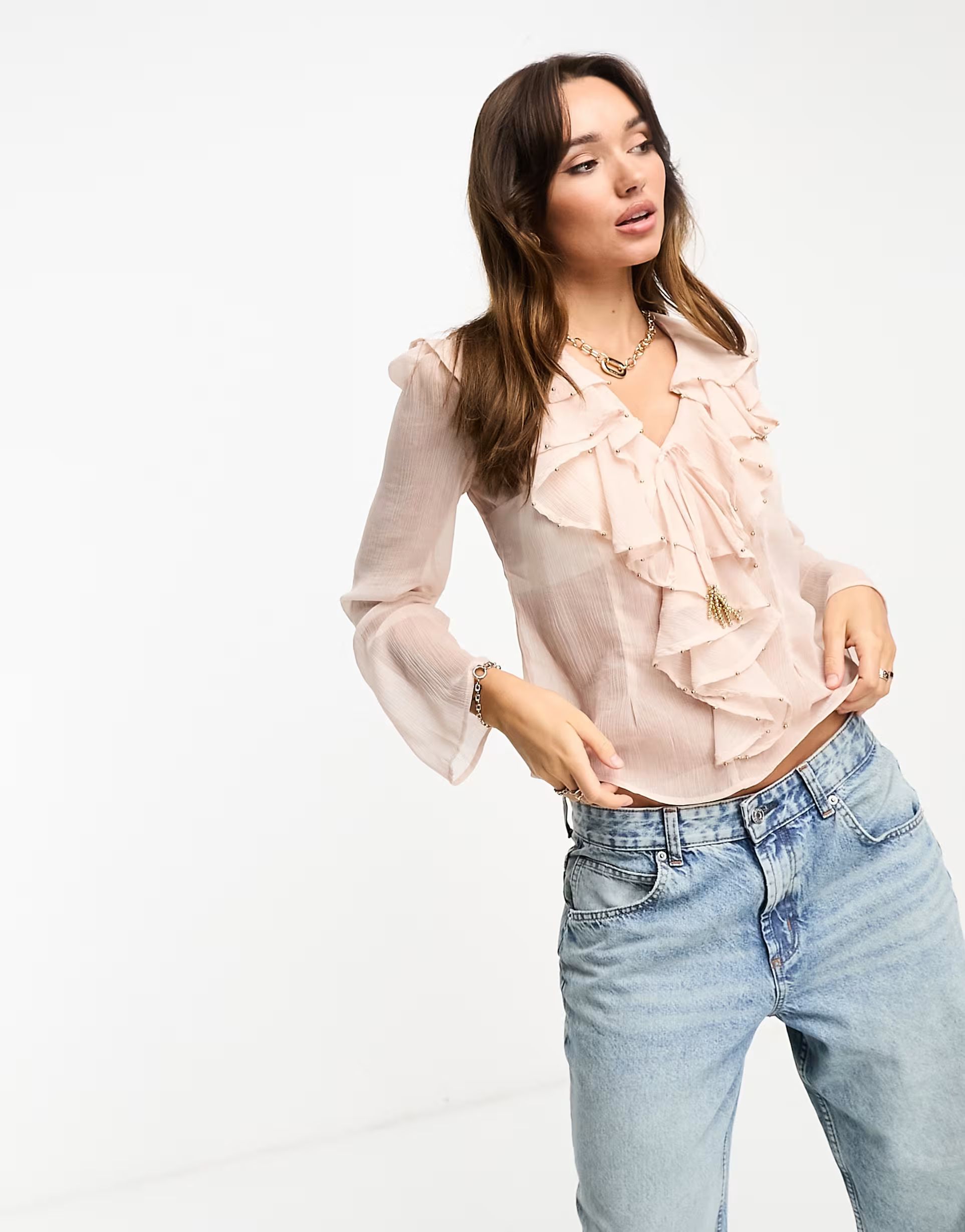 River Island embellished ruffle blouse in light pink | ASOS (Global)