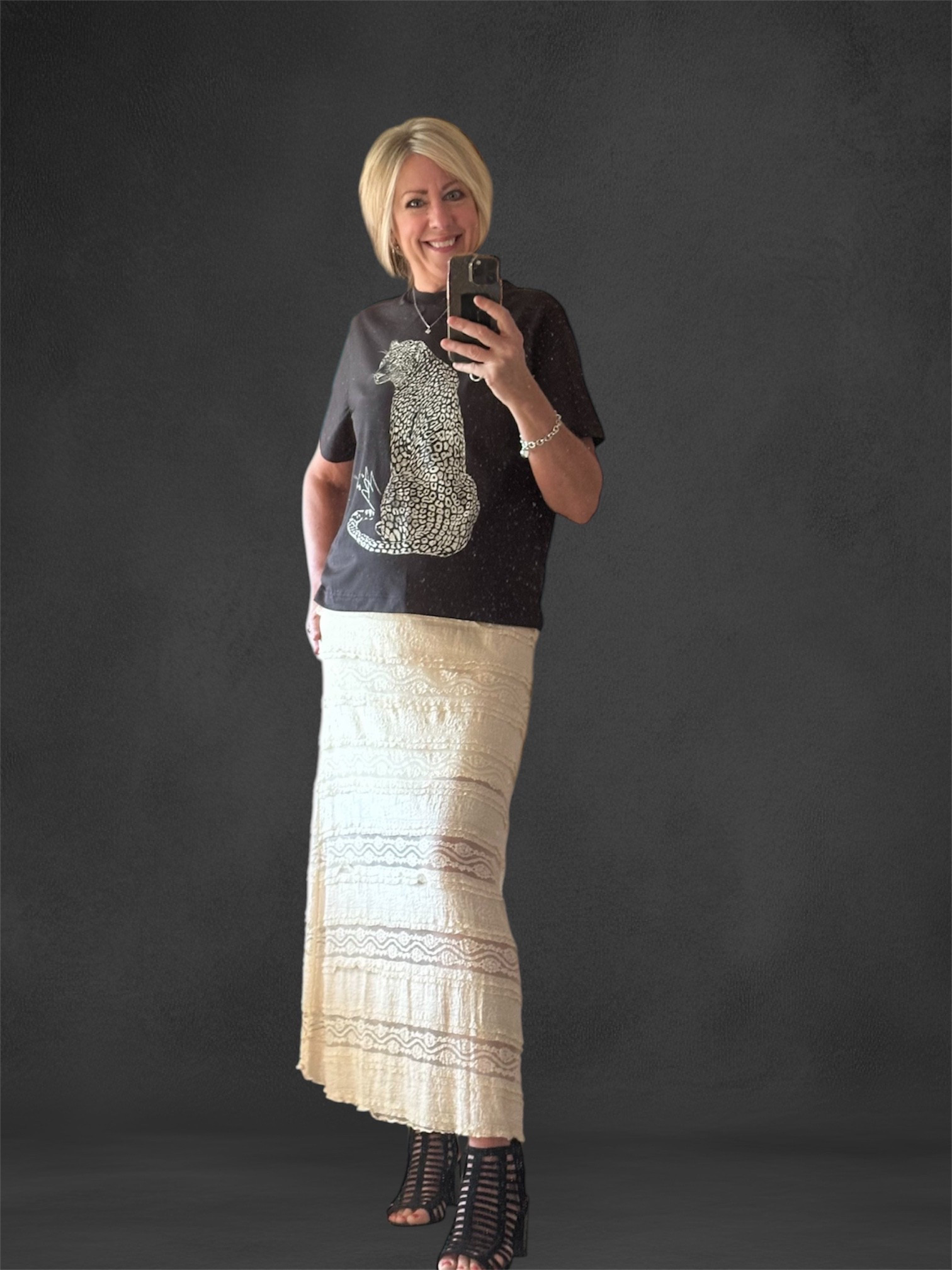  A little lace with an edge 

Loving this stretch knot lacy skirt from AE.  It is lined in the top section and then see through throughout rest of skirt .   It pulls on and has a stretchy waist band .   
It is cream shade and can totally be dressed up or down .   I decided to wear it with a classic black leopard tee !  
You will
Love this !  It’s all purpose and very comfortable .   Currently on sale !  Hurry they won’t last  !  I will link it to my ltk.it .  
 The tee was a rare find and the only one I saw at H&M !  

Skirt @ae
Tee @hm
Shoes (old)

#alittlelace
#pretty
#lacy
#graphictee
#animalprint
#edgy
#fashionablesixties
#springtime


#LTKover50style #LTKspring #LTKcanada