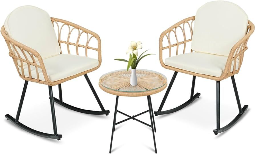PE Wicker Boho Patio Furniture Rocking Chairs Set, FUNKOCO 3 Pieces Patio Bistro Sets, Rattan Wov... | Amazon (US)