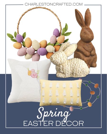 Spring Easter decor includes woven bunny figure, wood standing Easter bunny, bunny throw pillow, yellow bunny lumbar pillow, Easter garland, and Easter wreath.

Home decor, spring decor, Easter decor, spring home decor

#LTKhome #LTKstyletip #LTKSeasonal