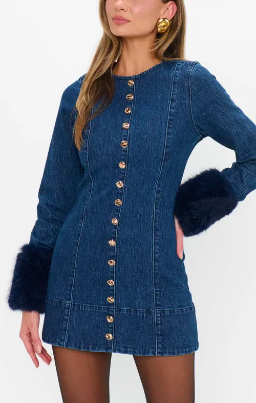 Show Me Your Mumu Rockefeller Mini Dress in Subzero Indigo With Faux Fur at Nordstrom, Size Small | Nordstrom