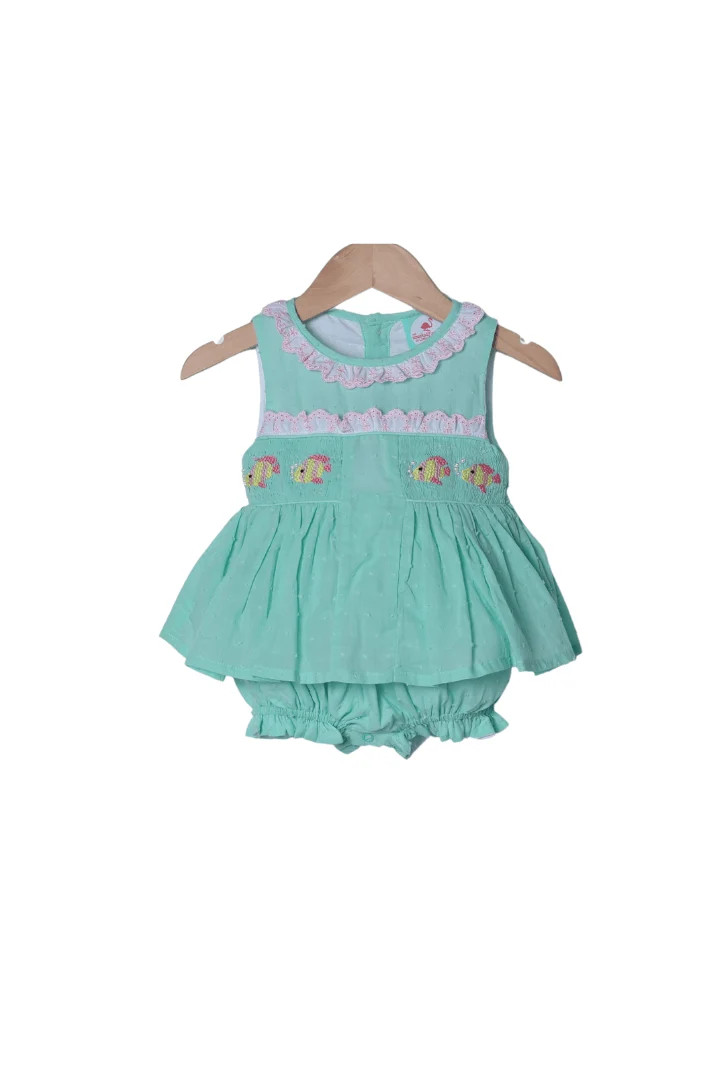 Smocked Fish Mint Swiss Dot Skirted Bubble | The Smocked Flamingo