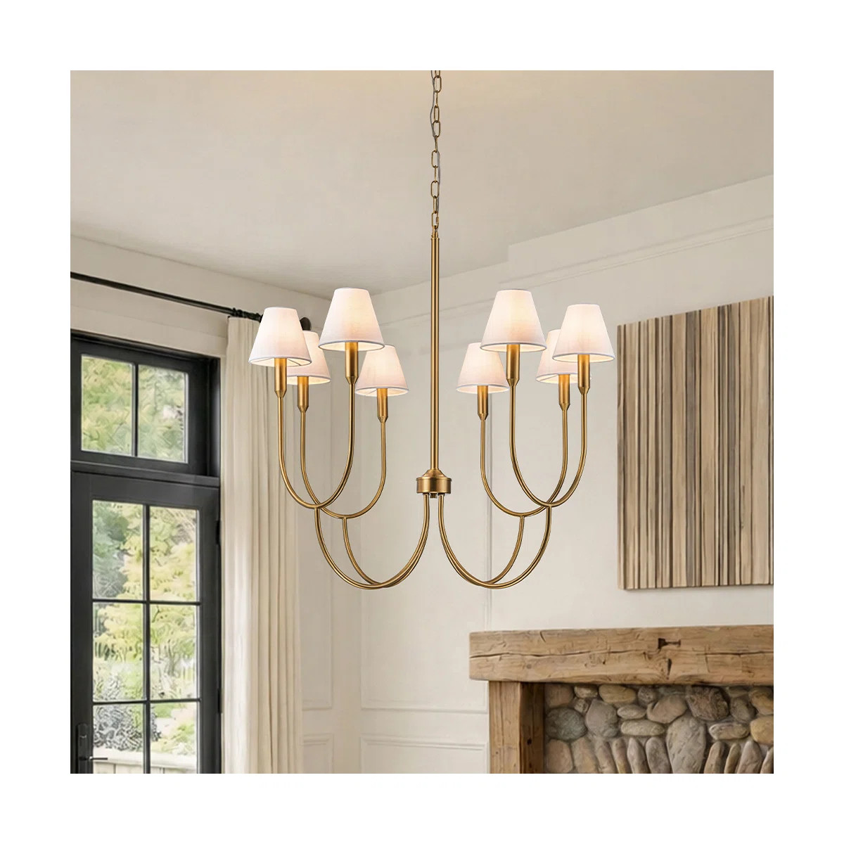 8-Light Mid-Century Modern Satin Brass Large Chandelier With White Linen Fabric Shades For Dining... | Wayfair North America