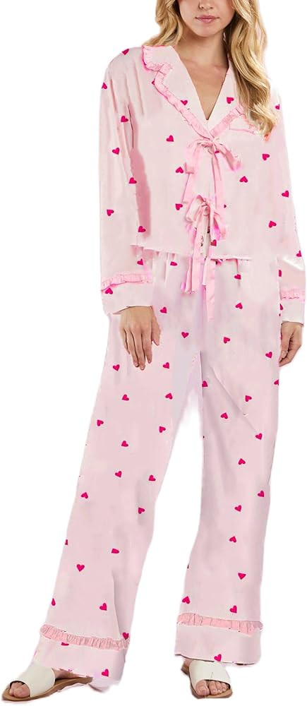 LILTWIST Women Valentine's Day Bow Tie Pajamas Silk Satin Colorful Heart Bow Pjs Floral Long Slee... | Amazon (US)
