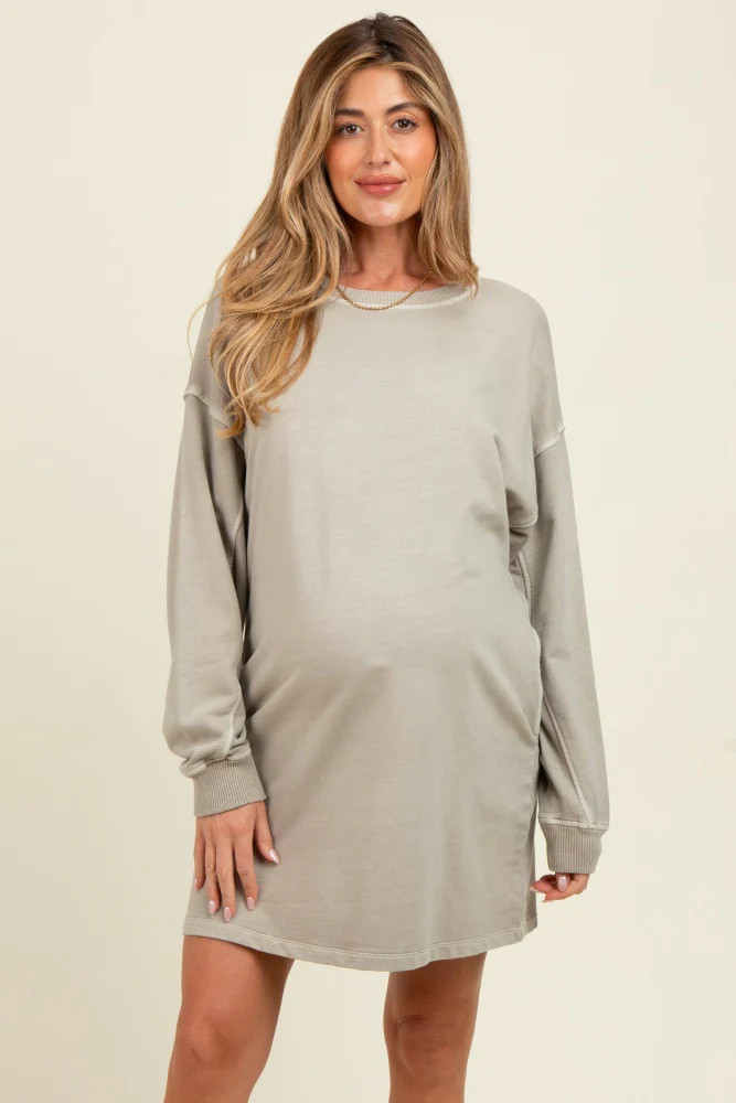 Beige Oversized Long Sleeve Maternity T-Shirt Dress | PinkBlush Maternity