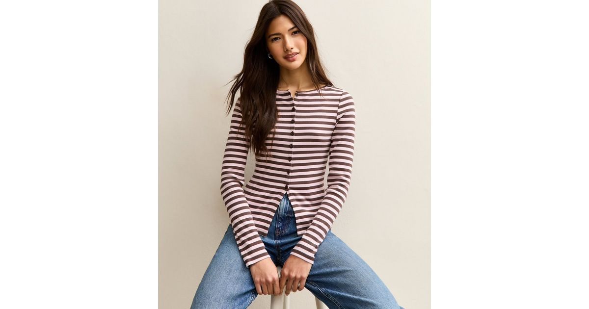 Pink Striped Crew Neck Cardigan | New Look | New Look (UK)