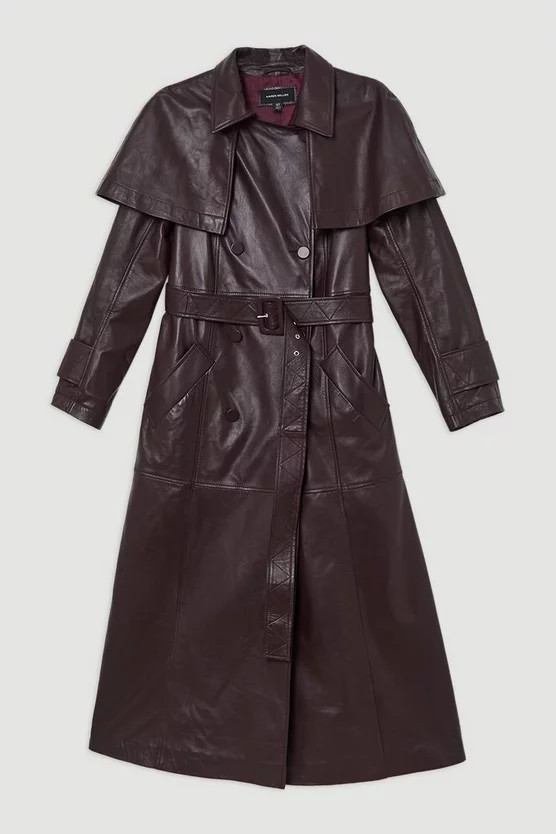 Leather Cape Detail Trench Coat | Karen Millen | Karen Millen UK + IE + DE + NL