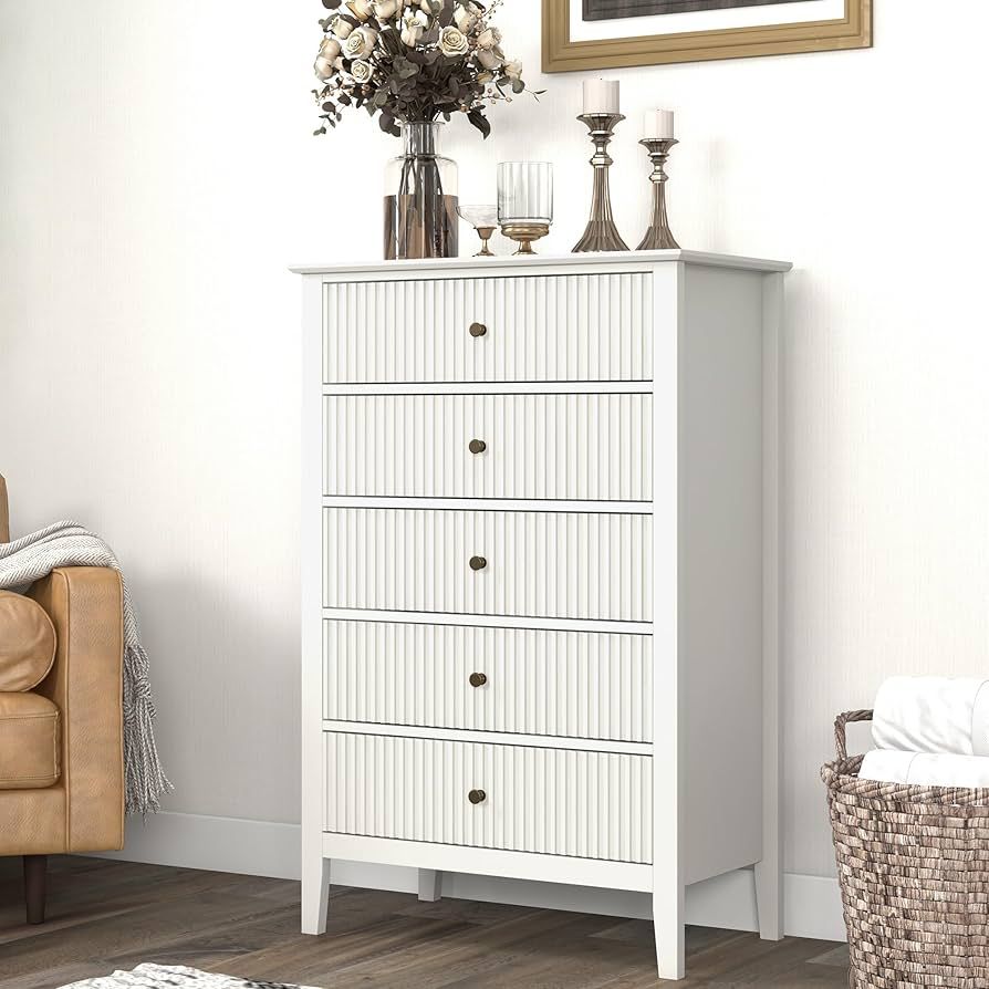 White Fluted 5 Drawer Dresser for Bedroom, Tall Chest of Drawers with Ball Bearing Slide, Waterpr... | Amazon (US)
