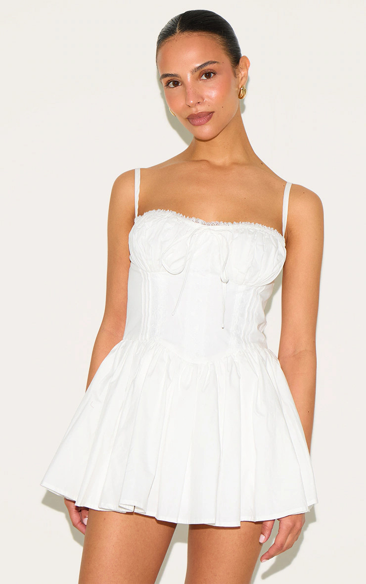 Petite White Lace Corset Detail Shift Mini Dress | PrettyLittleThing US