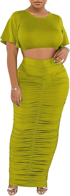 2 Piece Outfits for Women Sexy Crop Top Ruched Bodycon Maxi Dresses Fringe Skirt Sets Night Club ... | Amazon (US)