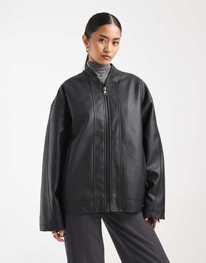 ASOS DESIGN leather look moto jacket with quilt liner in black | ASOS (Global)