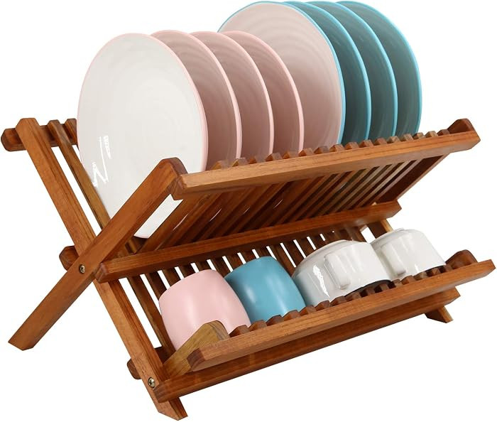 Utoplike Teak Wood Dish Drying Rack, Foldable Plate Organizer Countertop | Amazon (US)