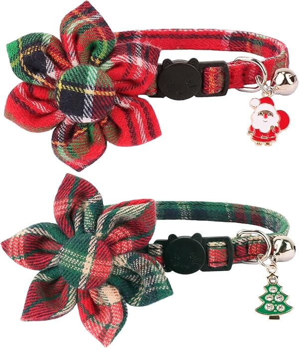 ADOGGYGO Christmas Cat Collar with Floral, 2 Pack Xmas Kitten Flower Collar, Red Green Plaid Chri... | Amazon (US)