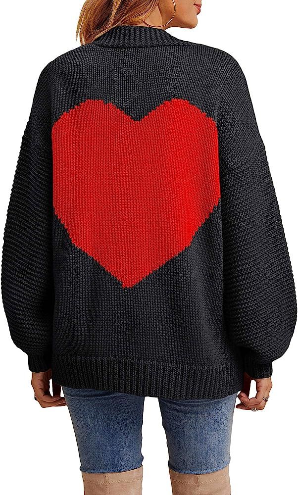 Women Knitted Heart Patch Open Front Long Sleeve Chunky Cardigan Sweater Loose Outerwear Coat | Amazon (US)