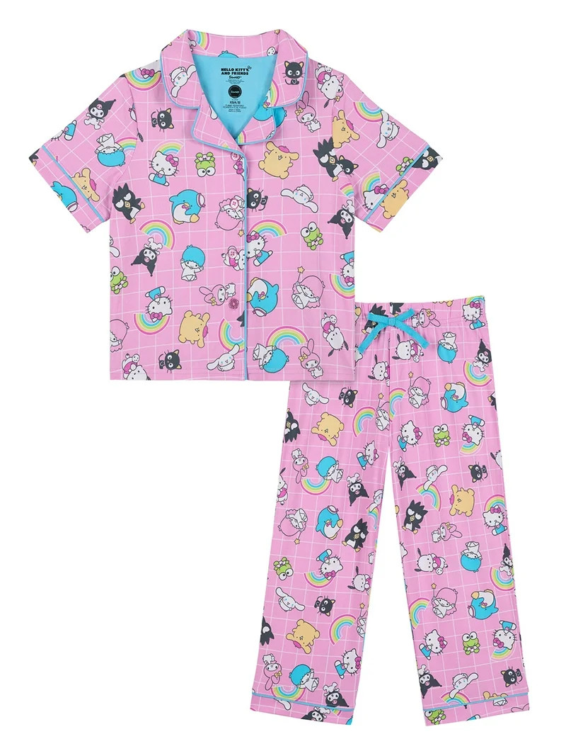 Hello Kitty Girls Short Sleeve Sleep Notch Collar Top and Pants Pajama Set, 2-Piece, Sizes 4-12 | Walmart (US)