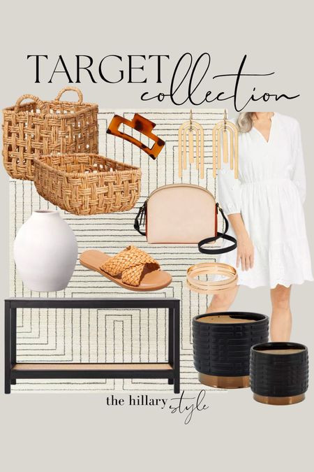 Target Collection: Home decor, furniture and fashion finds from Target: area rug, console table, black planters, woven storage baskets, white ceramic vase, woven sandals, white dress, spring dress, crossbody bag, gold earrings, bracelet stack, claw clip

#LTKFind #LTKhome #LTKstyletip