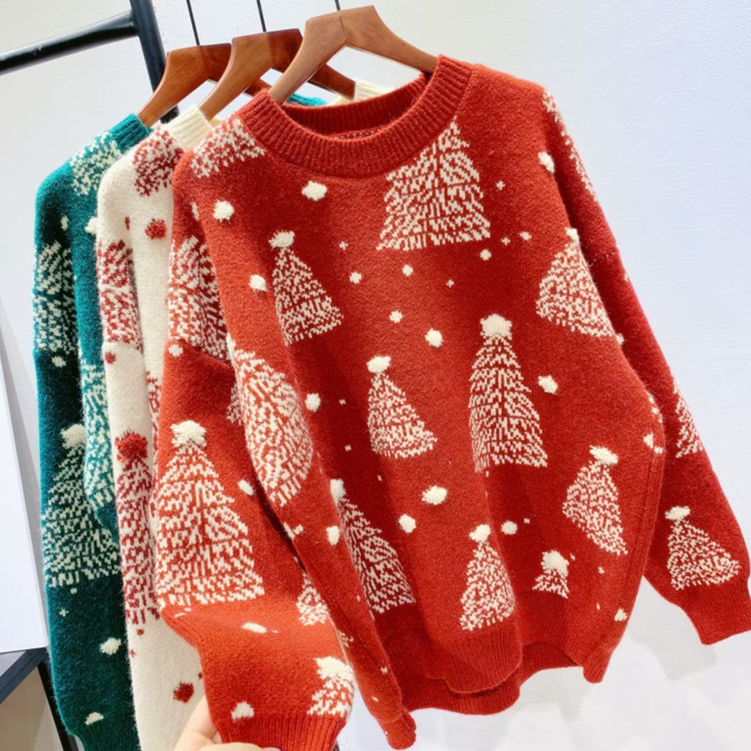 Red Christmas Tree Jacquard Warm Sweater Women Lazy Oversize - Etsy | Etsy (US)