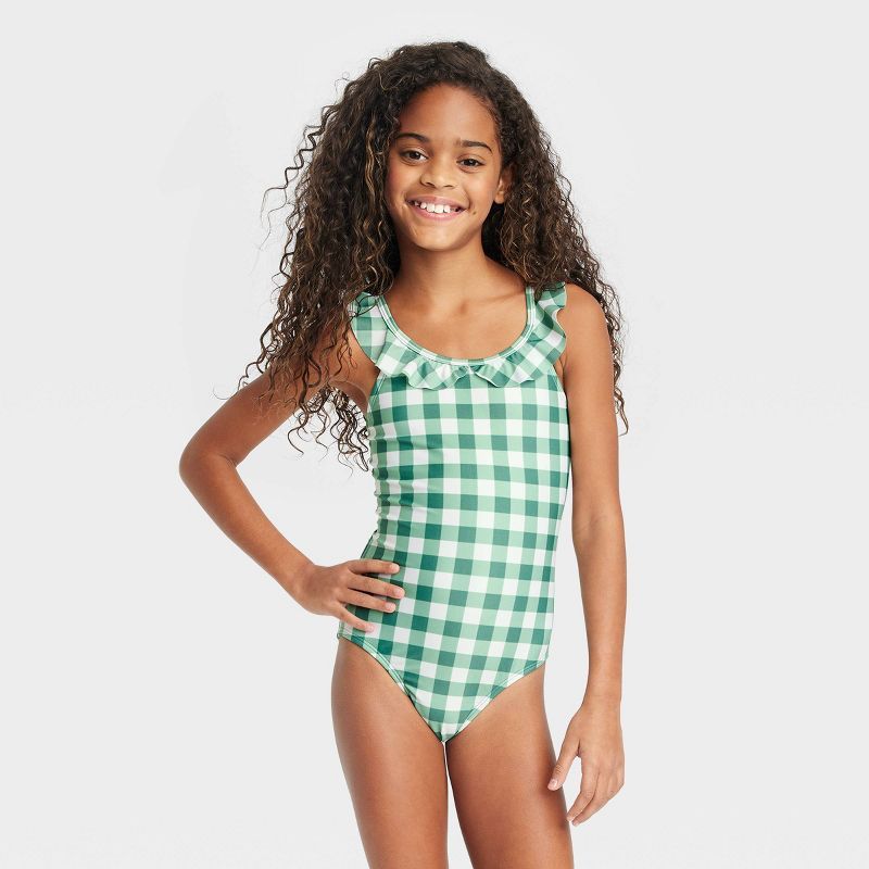 Girls' Gingham Check One Piece Swimsuit - Cat & Jack™ Dark Green | Target