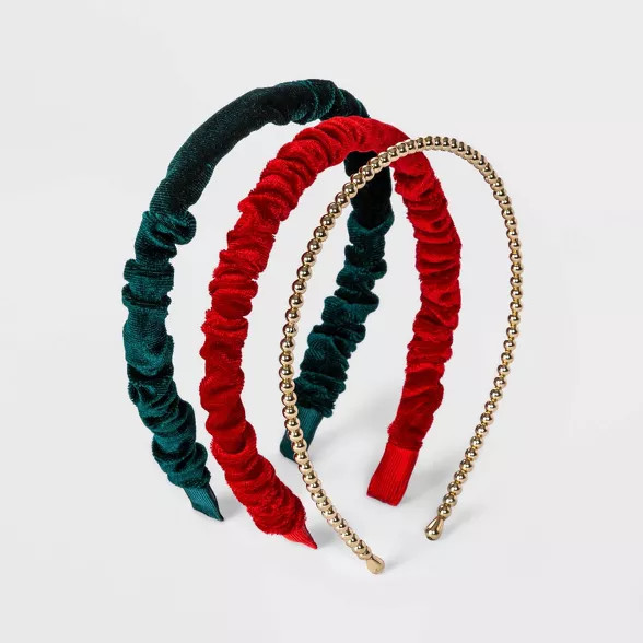Holiday Novelty Multi Solid Velvet and Bead Covered Headband Set 3pc | Target