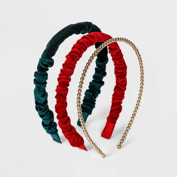 Holiday Novelty Multi Solid Velvet and Bead Covered Headband Set 3pc | Target