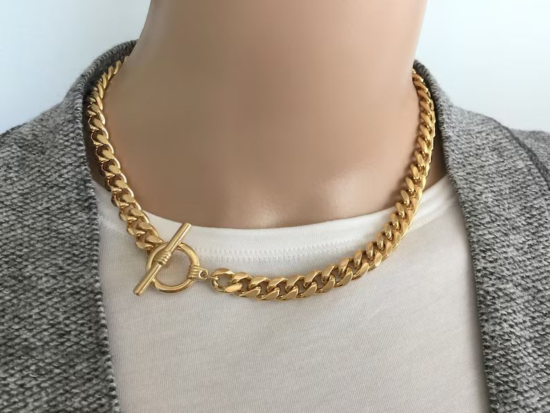 Thick Gold Choker Necklace, Toggle Clasp Curb Link Chain, 8.5mm Wide Chain, Chunky Gold Statement... | Etsy (US)