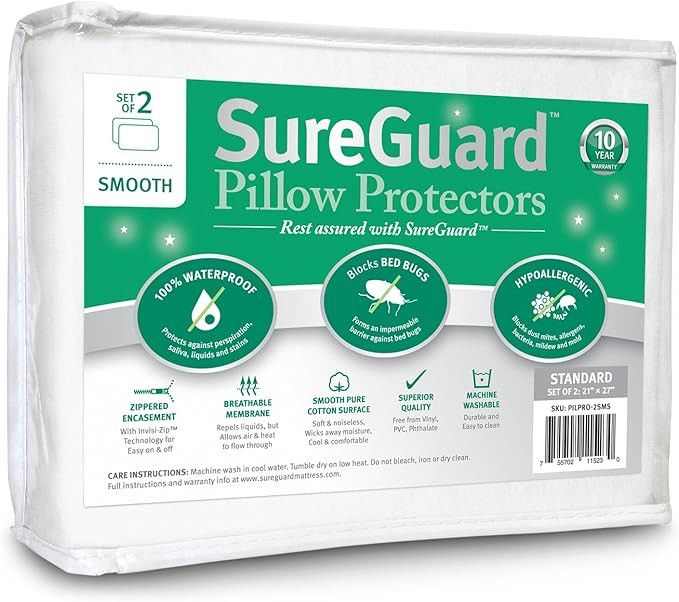 Set of 2 Standard Size SureGuard Pillow Protectors - 100% Waterproof, Bed Bug Proof, Hypoallergen... | Amazon (US)