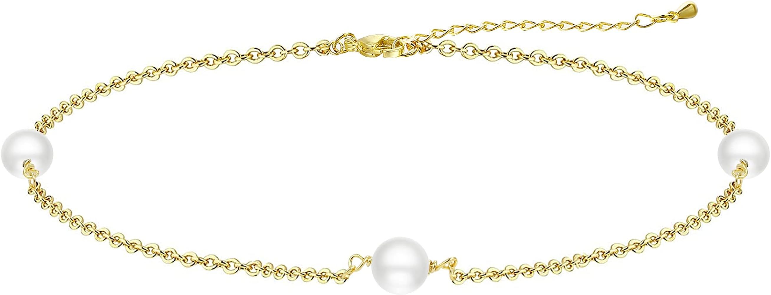 Sewyer Dainty Bracelet for Women 14K Gold Plated Cross Pearl CZ Leaf Bracelets Set Gold Layering ... | Amazon (US)