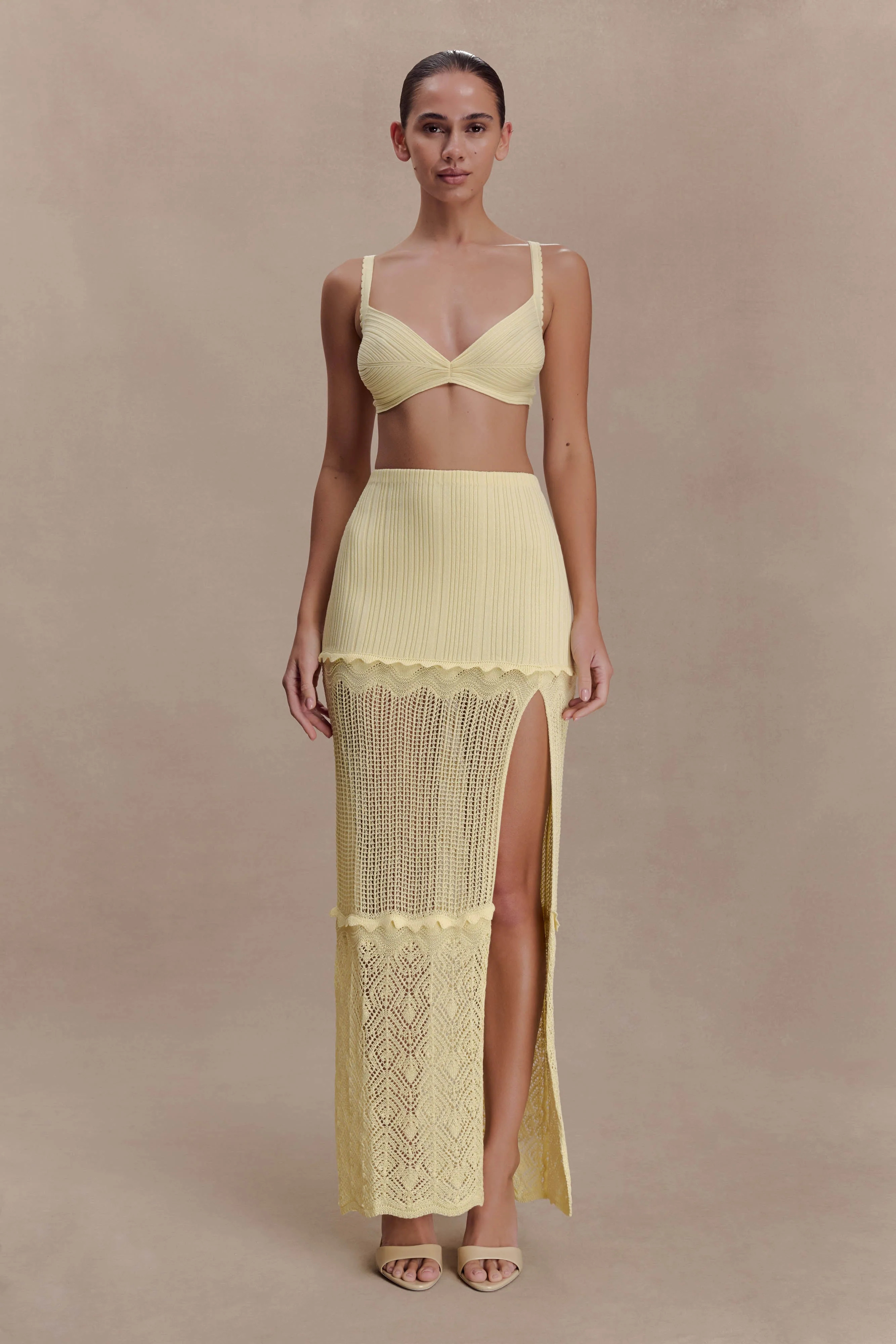 Coleene Pointelle Knit Maxi Skirt - Lemon | Meshki UK
