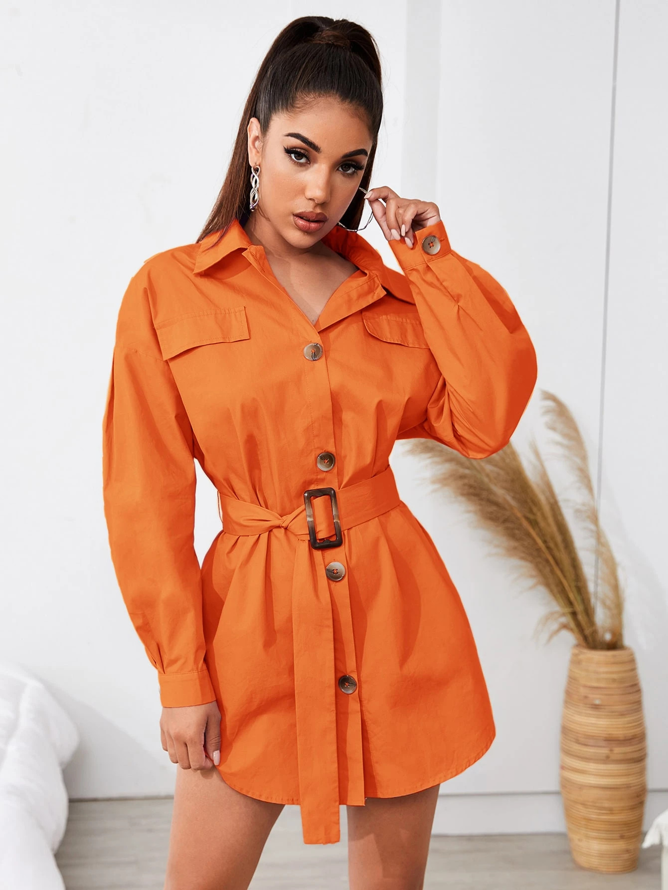 Neon Orange Flap Detail Drop Shoulder Curved Hem Shirt Dress | SHEIN
