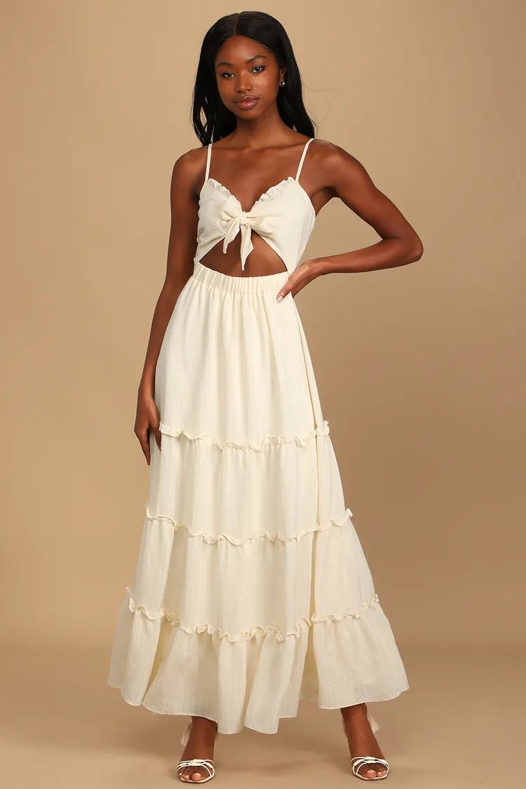 Tier It Up Cream Knotted Front Tiered Ruffled Maxi Dress | Lulus (US)