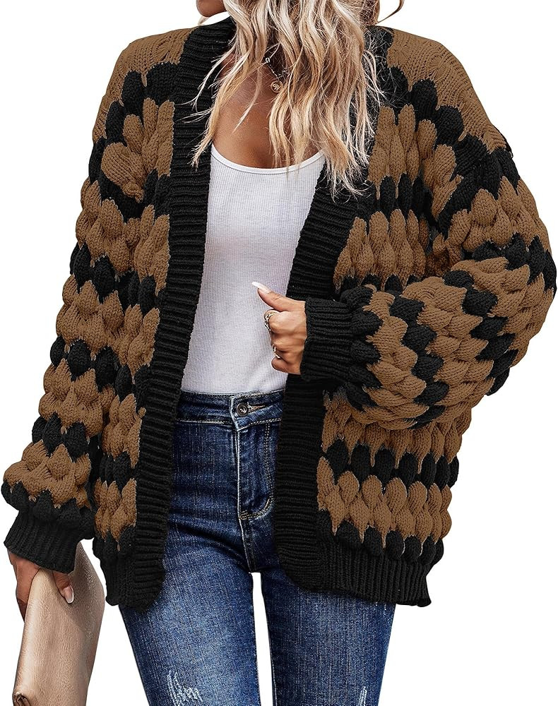 KIRUNDO Womens Cardigan Chunky Fall Fashion Lantern Sleeve Open Front Striped Color Block Cable K... | Amazon (US)