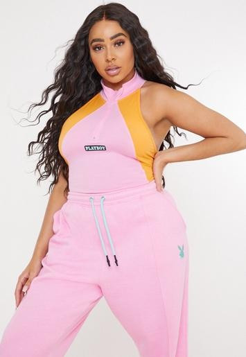 Playboy x Missguided Plus Size Pink Colourblock Zip Through Bodysuit | Missguided (US & CA)