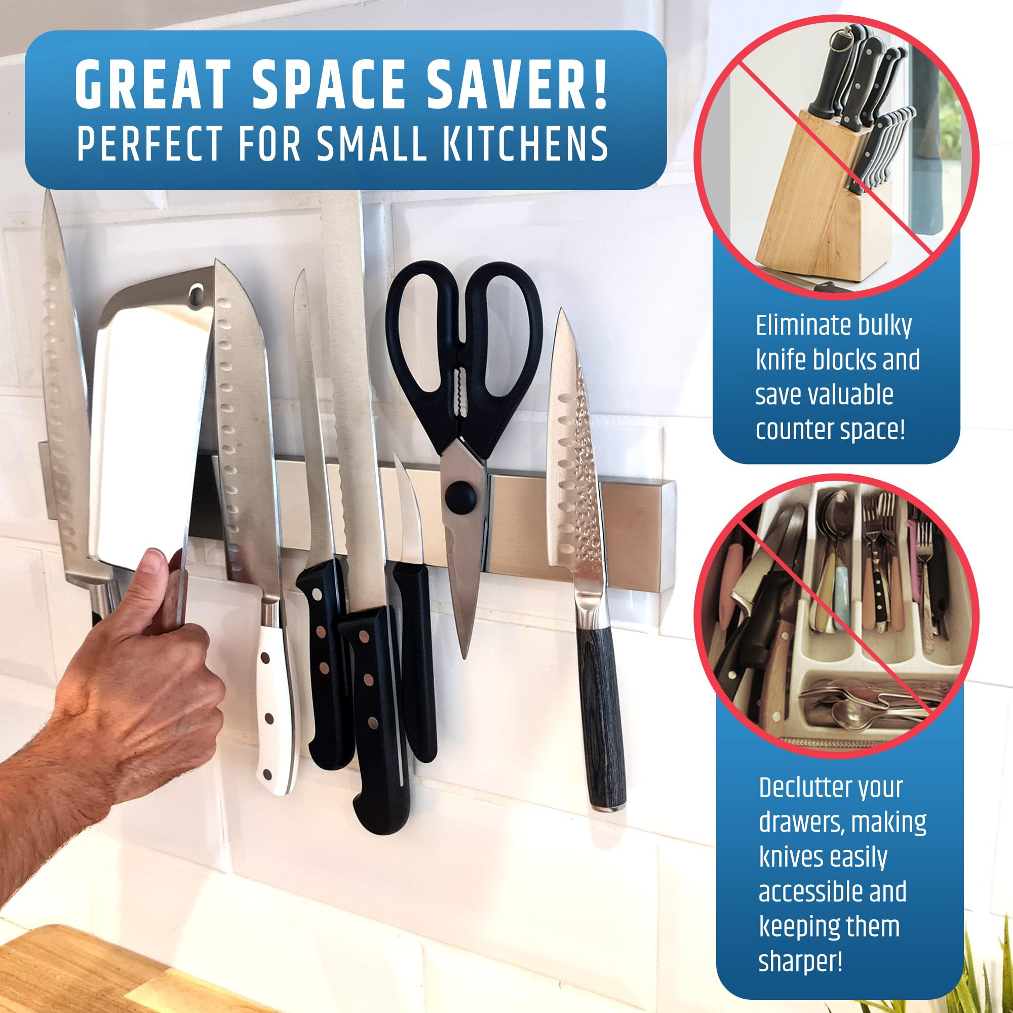 Strong Adhesive (No Drill) Magnetic Knife Holder for Wall - Professional 17 Inch Knife Strip - No... | Amazon (US)