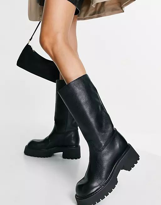 Mango leather chunky riding boots in black | ASOS | ASOS (Global)