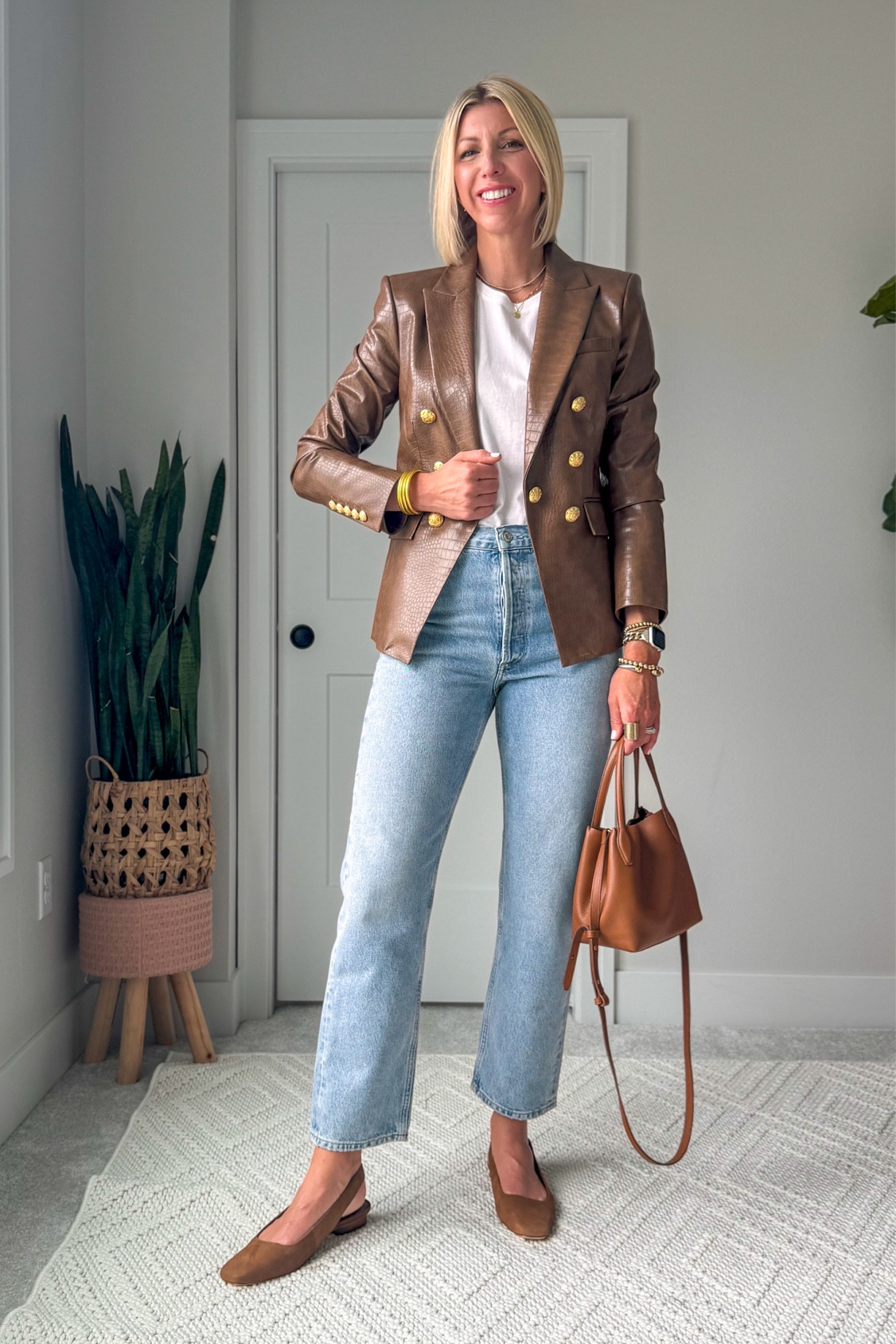 Fall outfit maker piece to instantly elevate your wardrobe: a statement blazer! This gorgeous faux, leather blazer has such a flattering, feminine fit - 
I am wearing my true to size 6 . Pair this blazer with a basic T a pair of straight leg jeans and flats for an elevated, every day look.

#LTKOver40 #LTKStyleTip #LTKxNSale