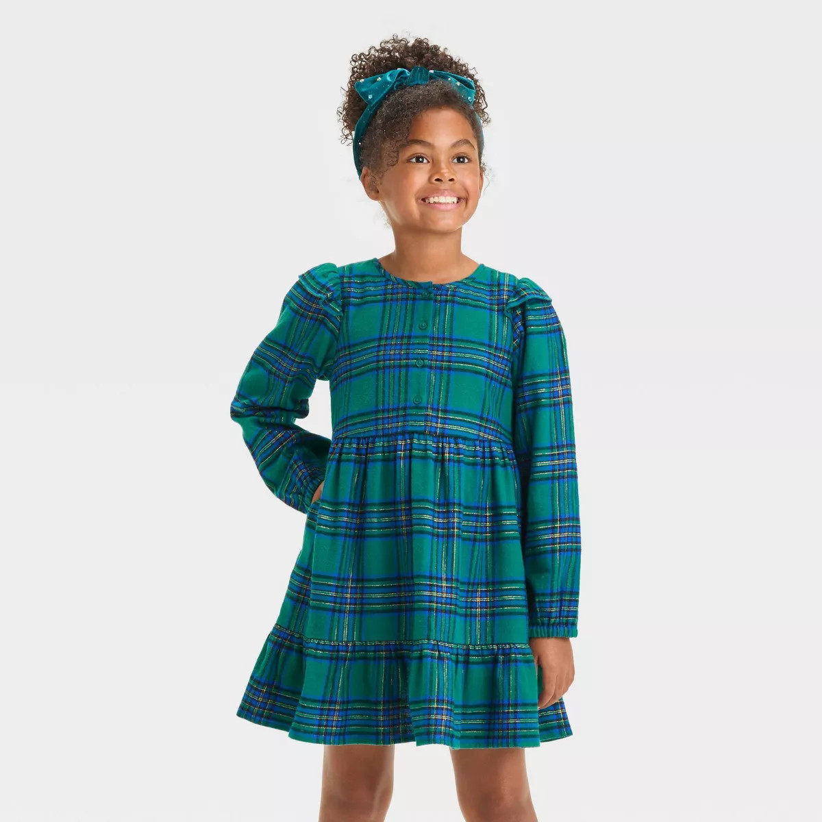 Girls' Long Sleeve Flannel Plaid Dress - Cat & Jack™ Dark Green M | Target