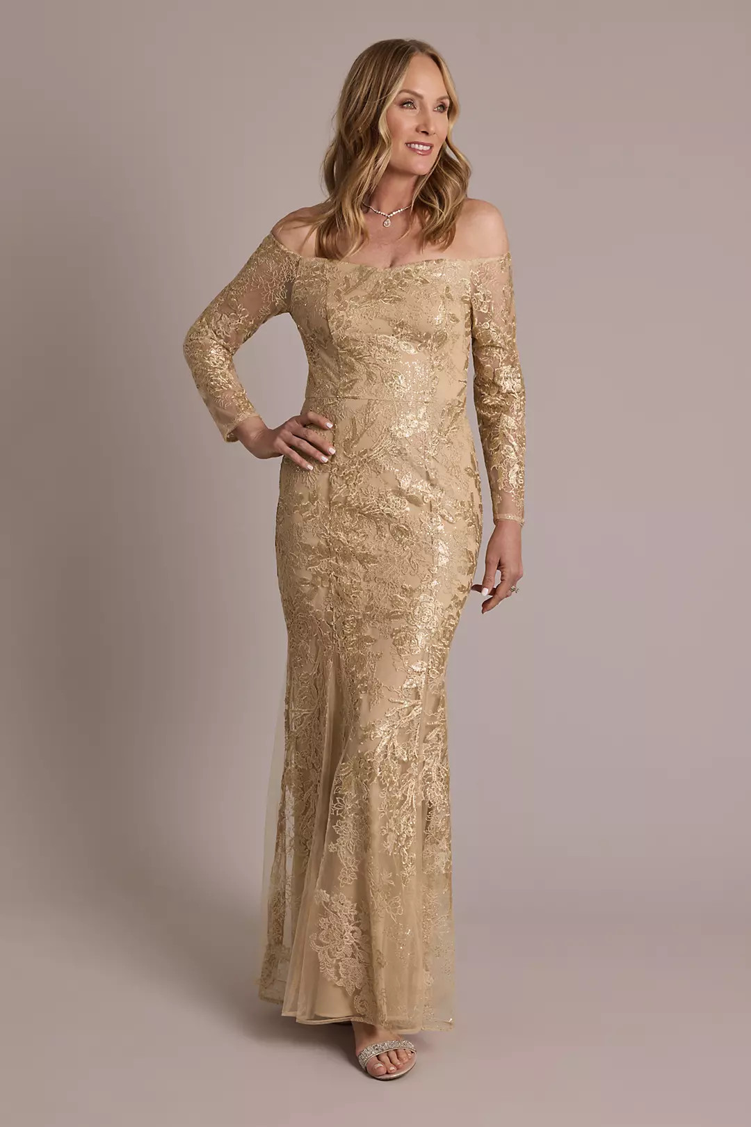 Long-Sleeve Off-the-Shoulder Mermaid Dress | David's Bridal | David's Bridal